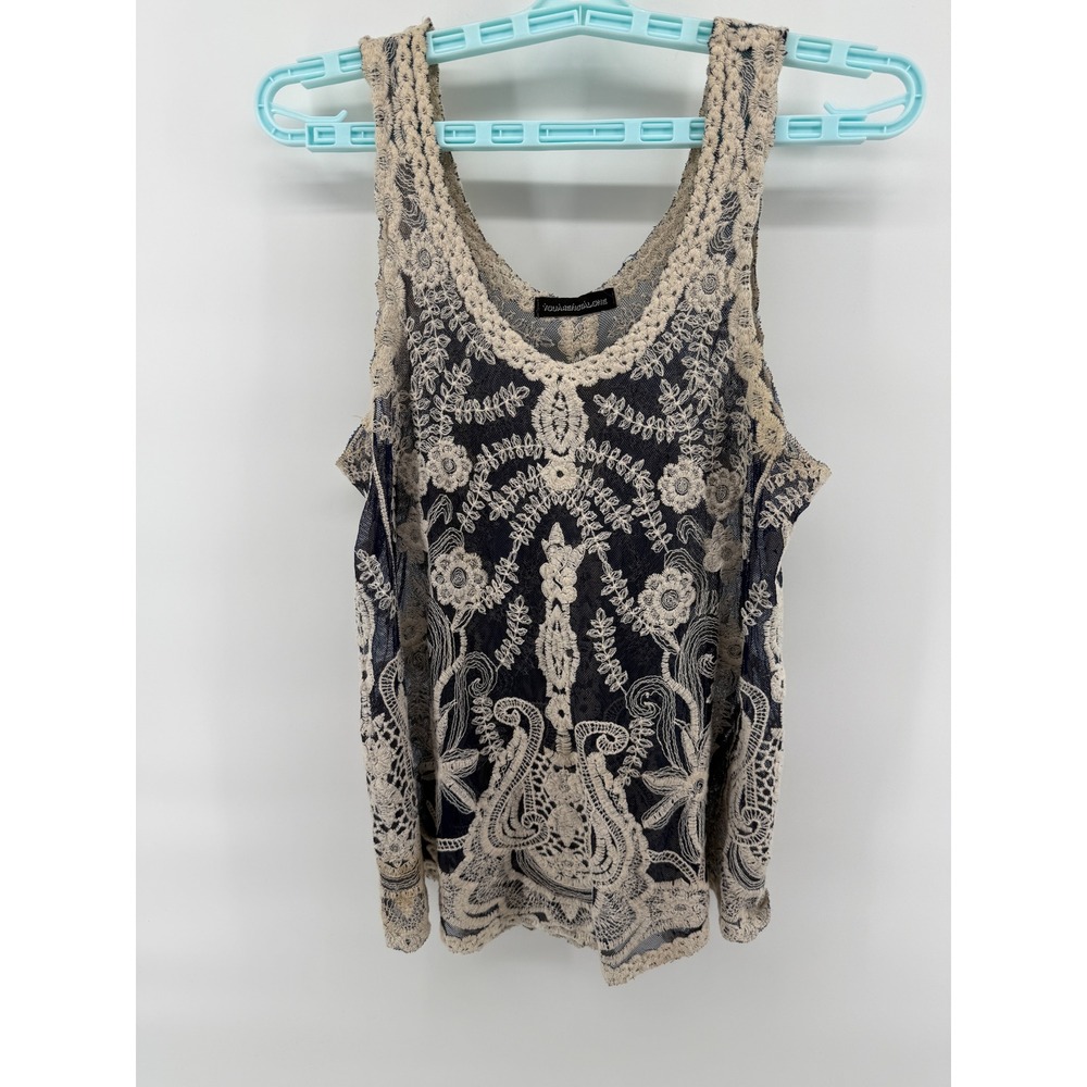 YOU ARE NOT ALONE Lace Overlay Tank Top Navy Cream Floral Boho Sheer Women's